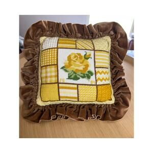 Handmade Pillow | Vintage 1984 Needlepoint Yellow Rose Throw Pillow